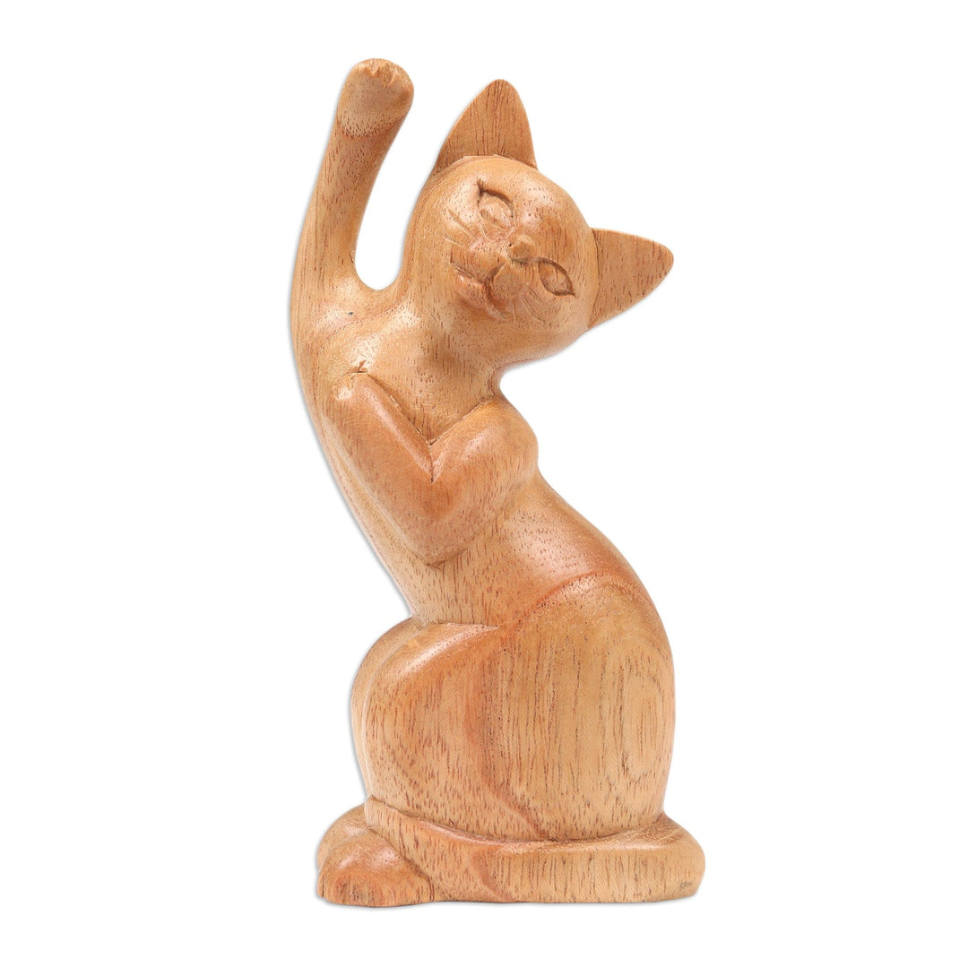 Hand-Carved Jempinis Wood Cat Sculpture - Fortune Cat