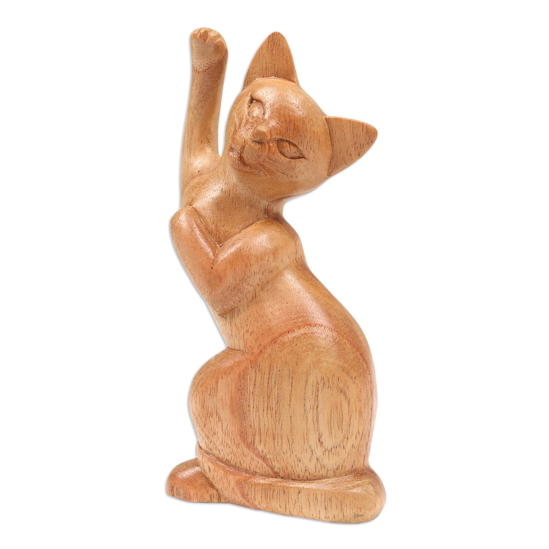 Hand-Carved Jempinis Wood Cat Sculpture - Fortune Cat
