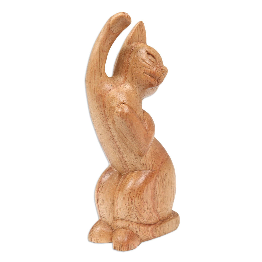Hand-Carved Jempinis Wood Cat Sculpture - Fortune Cat