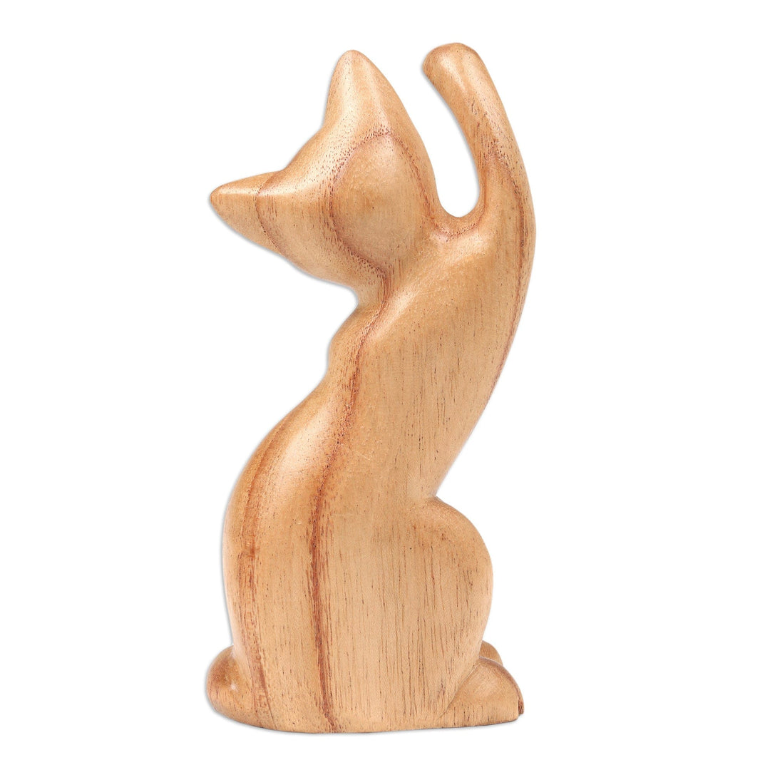 Hand-Carved Jempinis Wood Cat Sculpture - Fortune Cat