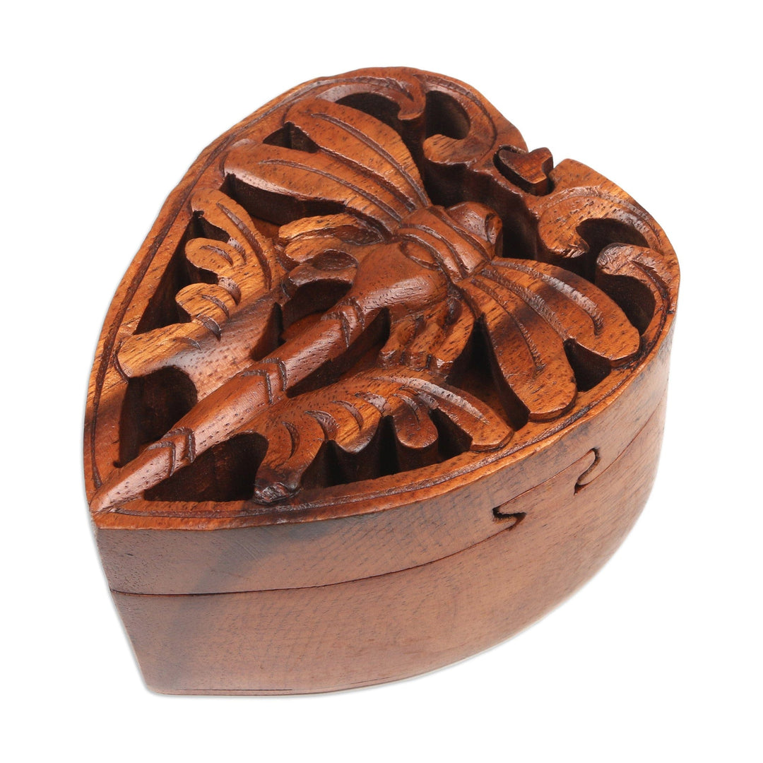 Suar Wood Hand-carved Puzzle Box with Dragonfly Motif - Tenderness of a Dragonfly
