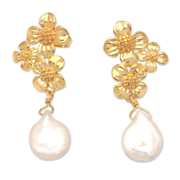 Cultured Pearl Gold-plated and Floral-themed Dangle Earrings - Lovely Ashokas