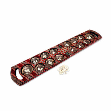 Red Batik Wood Mancala Board Game Handcrafted in Java - Red Clever Leisure