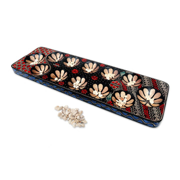 Batik Wood Mancala Board Game Handcrafted - Cunning Multicolor Flowers
