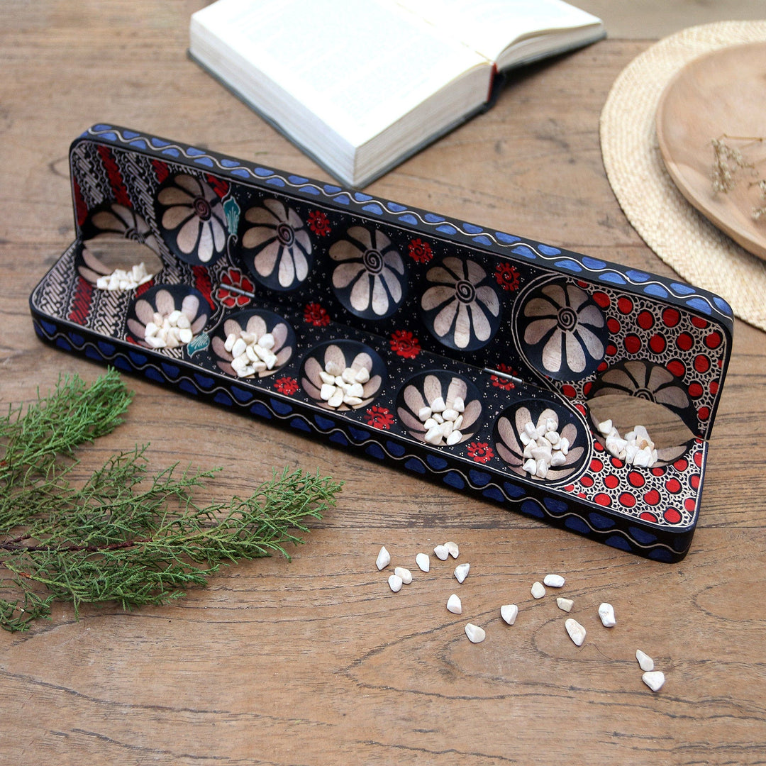 Batik Wood Mancala Board Game Handcrafted - Cunning Multicolor Flowers