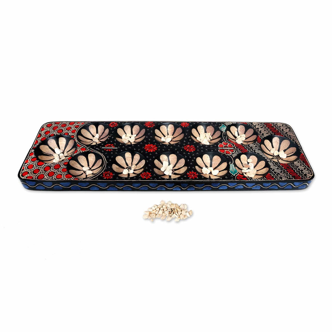Batik Wood Mancala Board Game Handcrafted - Cunning Multicolor Flowers