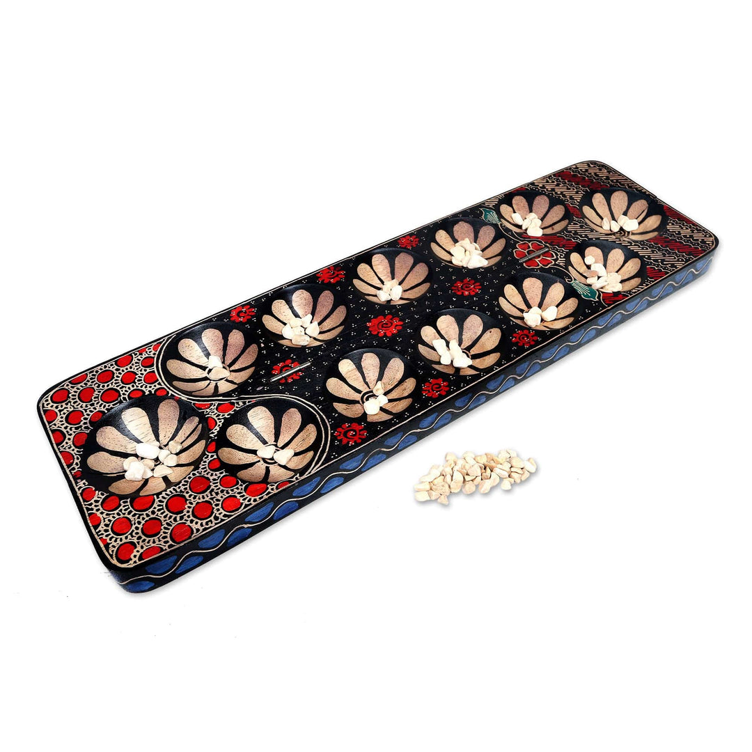 Batik Wood Mancala Board Game Handcrafted - Cunning Multicolor Flowers
