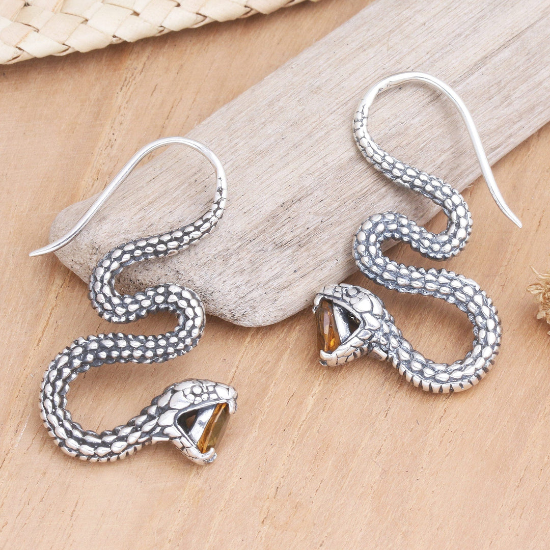Sterling Silver Snake Drop Earrings with Citrine Stones - Striking Snake in Yellow