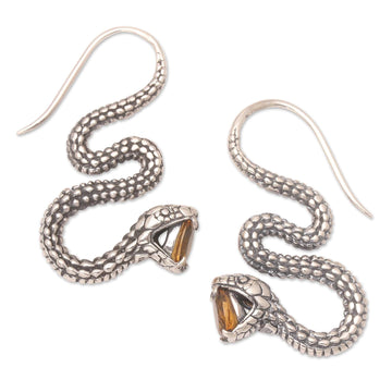 Sterling Silver Snake Drop Earrings with Citrine Stones - Striking Snake in Yellow