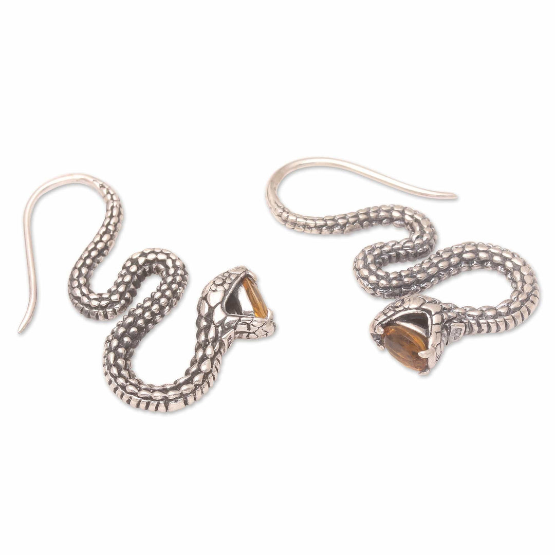 Sterling Silver Snake Drop Earrings with Citrine Stones - Striking Snake in Yellow