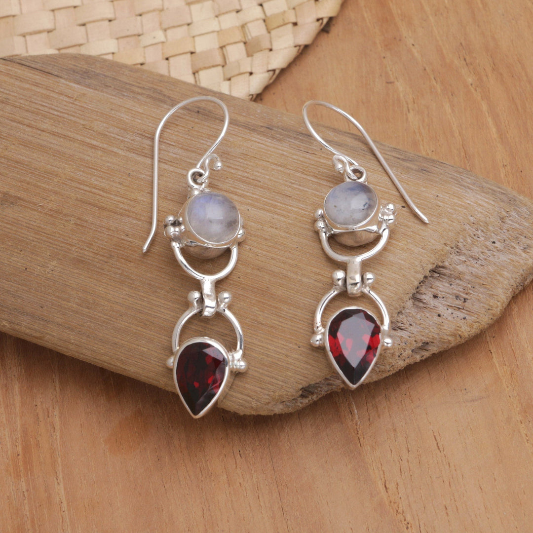 Garnet & Rainbow Moonstone Sterling Silver Dangle Earrings - Dear Younger Sister