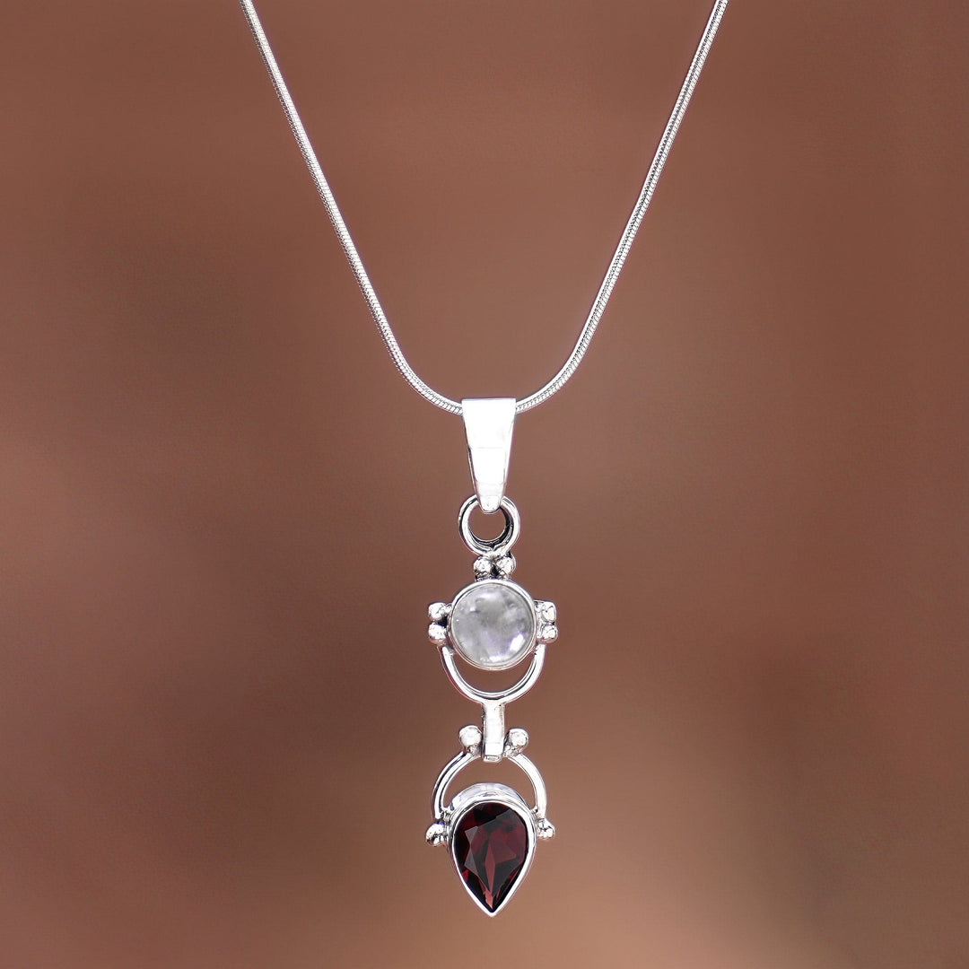 Garnet & Rainbow Moonstone Sterling Silver Pendant Necklace - Dear Younger Sister