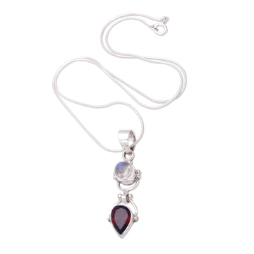 Garnet & Rainbow Moonstone Sterling Silver Pendant Necklace - Dear Younger Sister