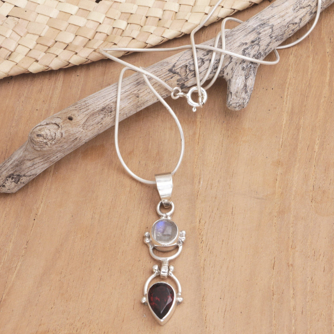 Garnet & Rainbow Moonstone Sterling Silver Pendant Necklace - Dear Younger Sister