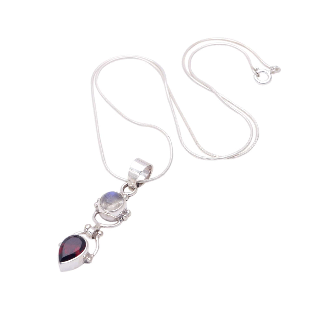 Garnet & Rainbow Moonstone Sterling Silver Pendant Necklace - Dear Younger Sister