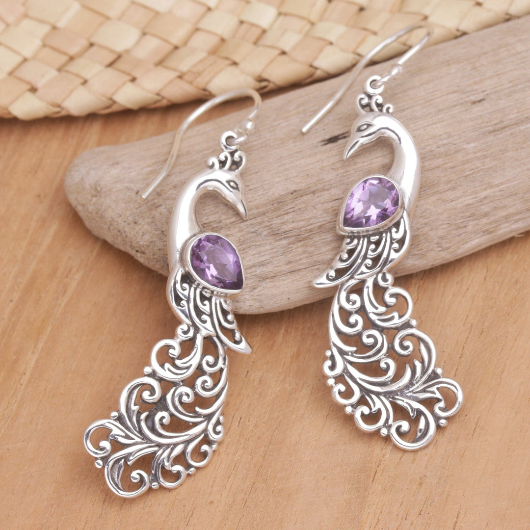 Sterling Silver and Amethyst Dangle Earrings with Peacocks - Purple Peacock Queen