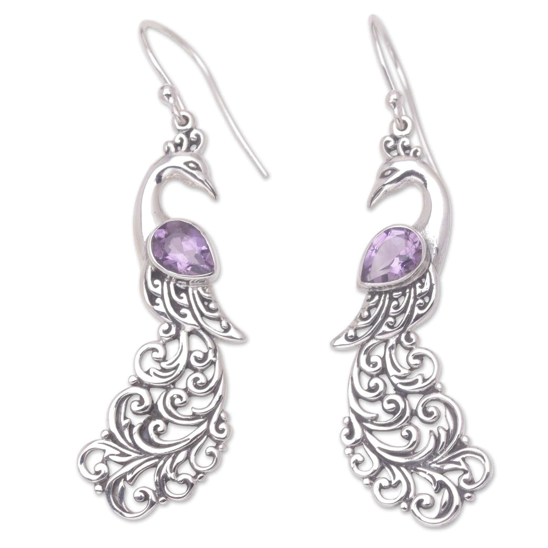 Sterling Silver and Amethyst Dangle Earrings with Peacocks - Purple Peacock Queen