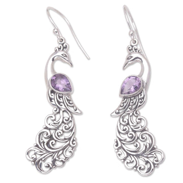 Sterling Silver and Amethyst Dangle Earrings with Peacocks - Purple Peacock Queen