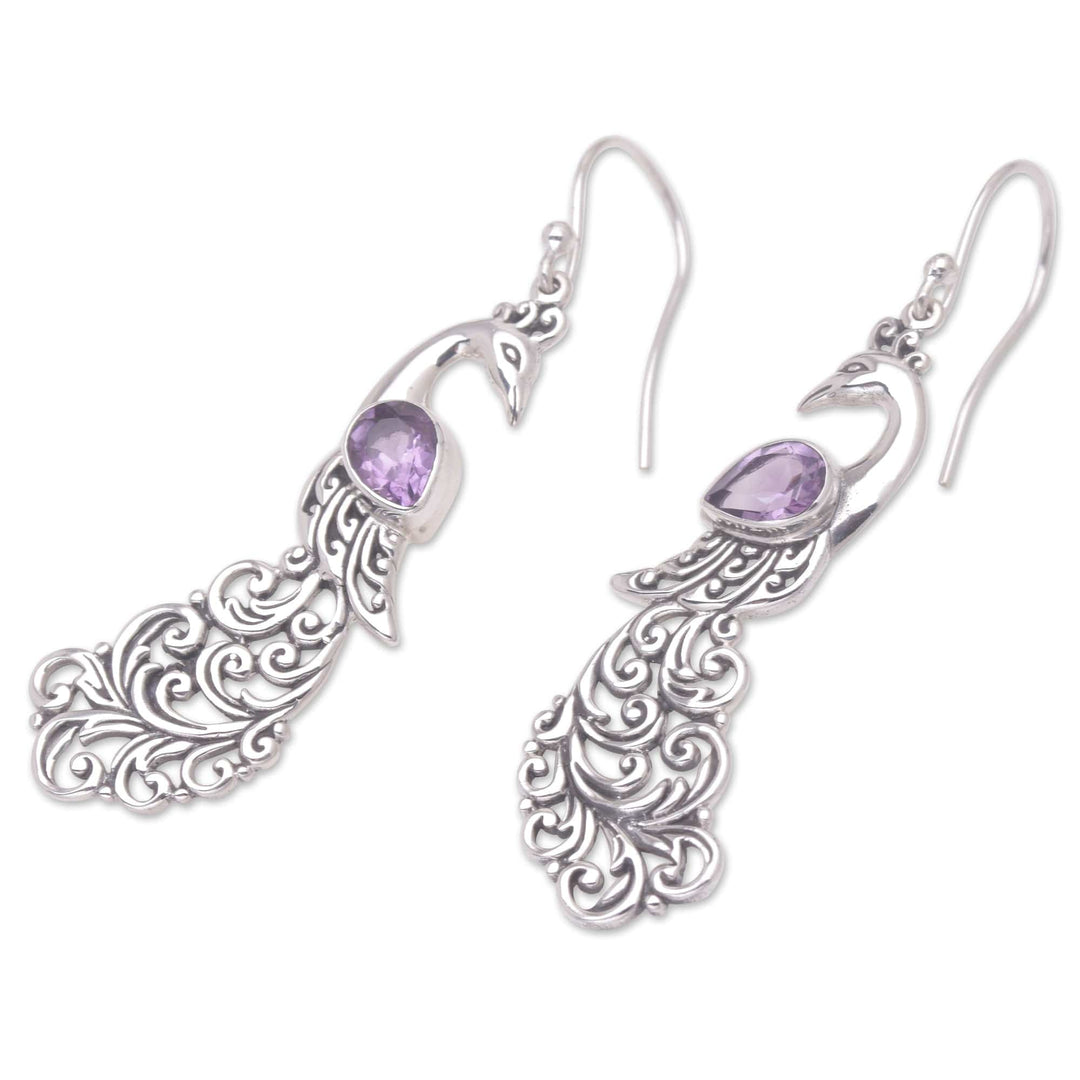 Sterling Silver and Amethyst Dangle Earrings with Peacocks - Purple Peacock Queen