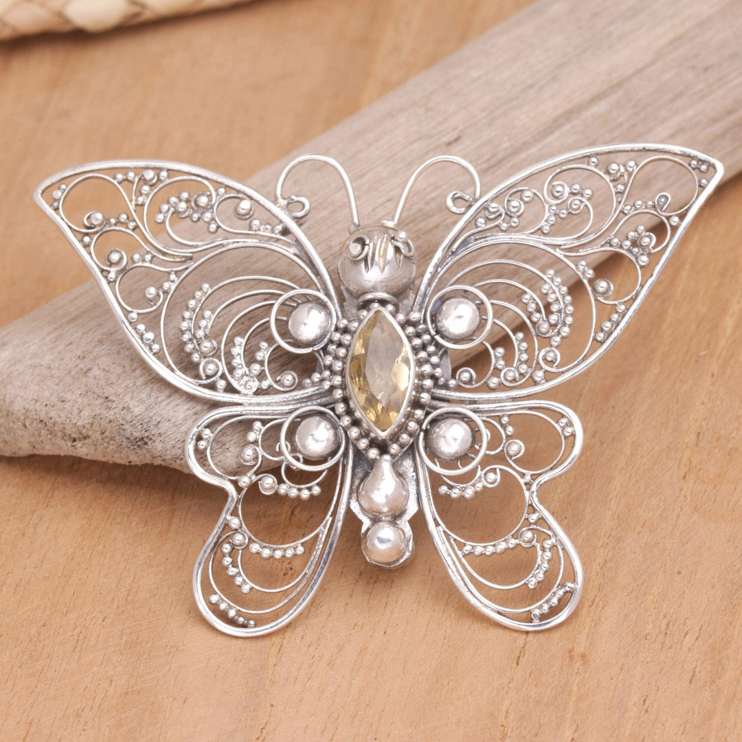 Sterling Silver Butterfly Filigree Brooch with Citrine Stone - Glowing Butterfly