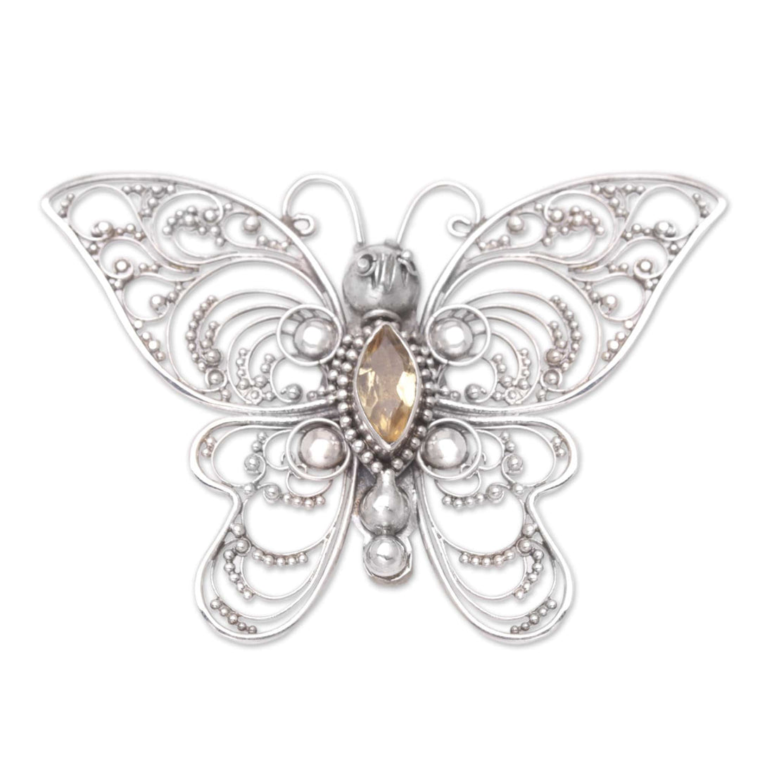 Sterling Silver Butterfly Filigree Brooch with Citrine Stone - Glowing Butterfly