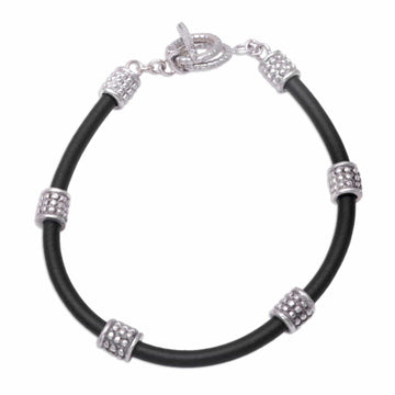 Sterling Silver Beads Black Cord Bracelet - Charming Elegance
