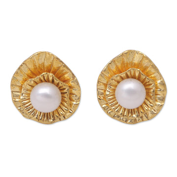 22k Gold-Plated Button Earrings with Cultured Pearls - Pearly Lotus