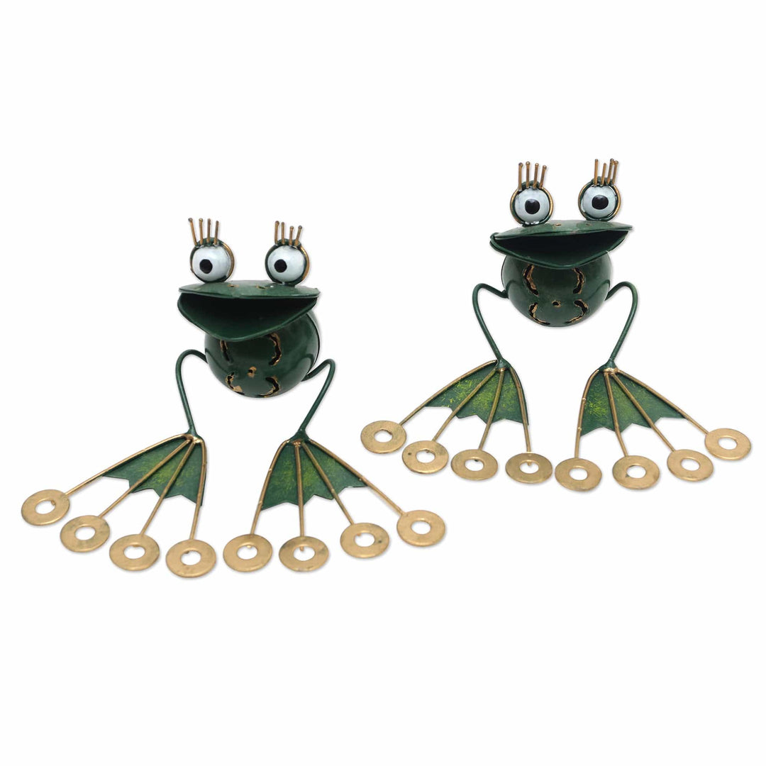 2 Frog Iron Mini Figurines Crafted & Painted by Hand in Bali - Smiling Frogs