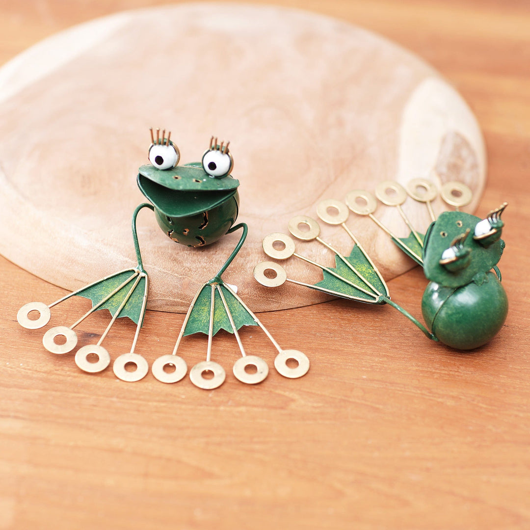 2 Frog Iron Mini Figurines Crafted & Painted by Hand in Bali - Smiling Frogs