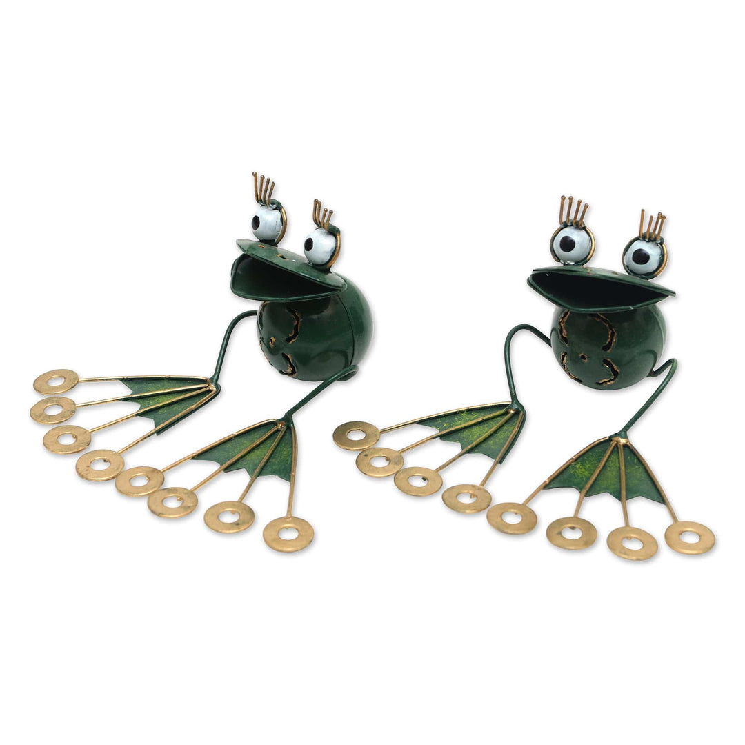 2 Frog Iron Mini Figurines Crafted & Painted by Hand in Bali - Smiling Frogs