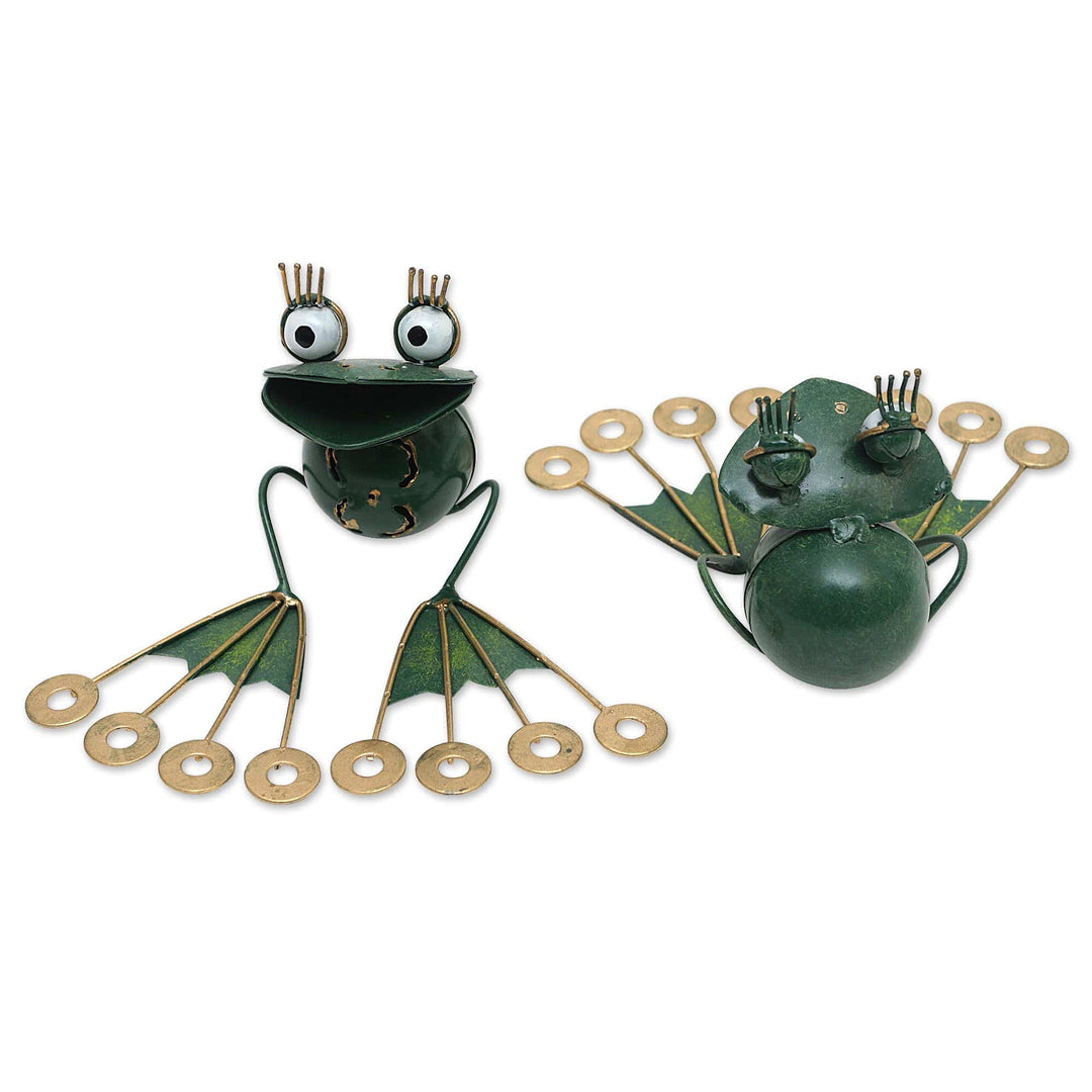 2 Frog Iron Mini Figurines Crafted & Painted by Hand in Bali - Smiling Frogs