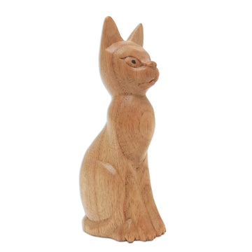 Brown Cat Sculpture Hand-Carved from Jempinis Wood in Bali - Cunning Cat