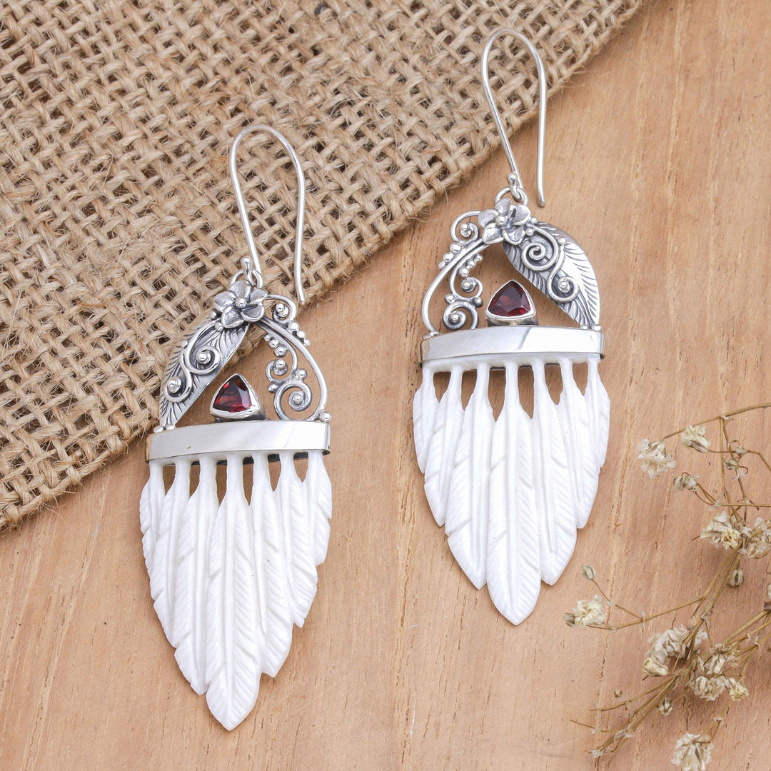 Garnet & Sterling Silver Feathers Dangle Earrings - Morning Feathers