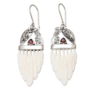 Garnet & Sterling Silver Feathers Dangle Earrings - Morning Feathers