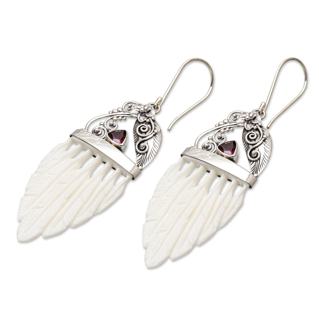 Garnet & Sterling Silver Feathers Dangle Earrings - Morning Feathers