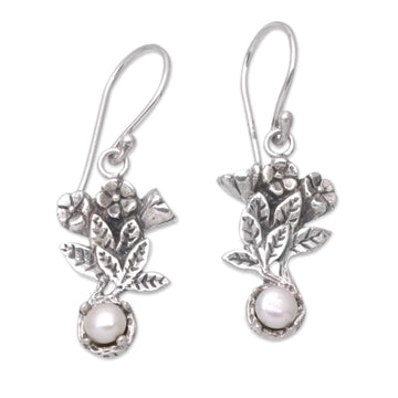 Cultured Pearl Sterling Silver Leaf Dangle Earrings - Leaf Clarity