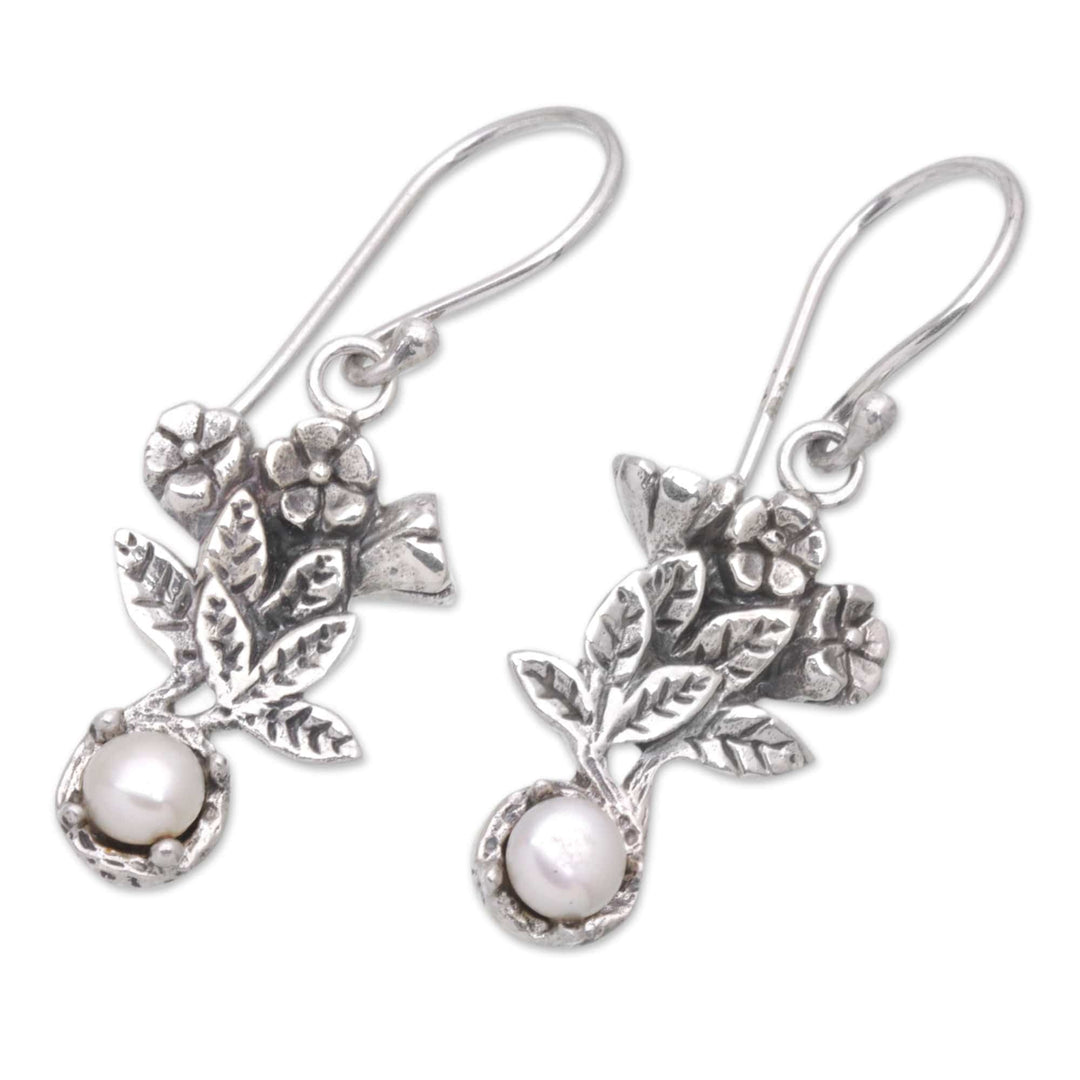 Cultured Pearl Sterling Silver Leaf Dangle Earrings - Leaf Clarity
