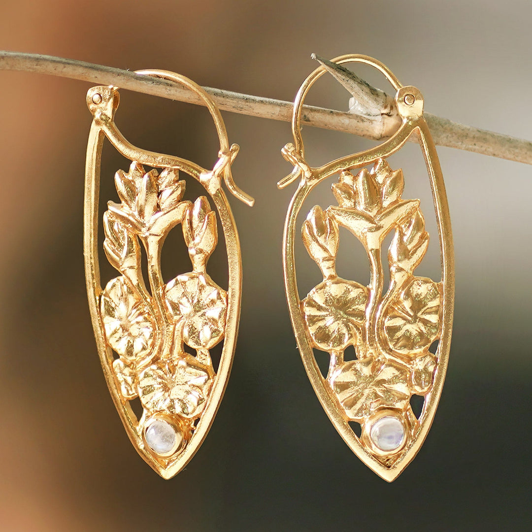 Lotus-Motif Gold-Plated Earrings with Rainbow Moonstone - Pond Lotus