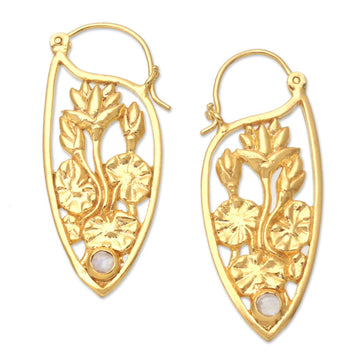 Lotus-Motif Gold-Plated Earrings with Rainbow Moonstone - Pond Lotus
