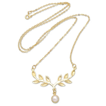 18k Gold-Plated Pendant Necklace with Olive Leaves and Pearl - Pearly Victory