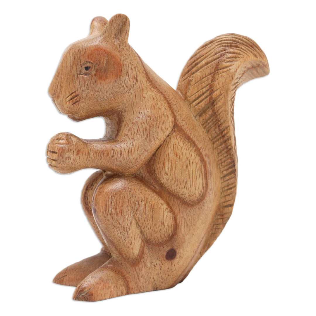 Hand-Carved Squirrel Wood Sculpture in Natural Brown - Vivacious Squirrel