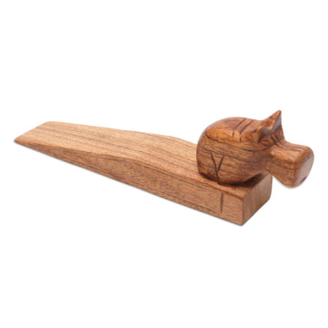 Hand-Carved Hippo Wood Door Stop in Natural Brown - Protective Hippo