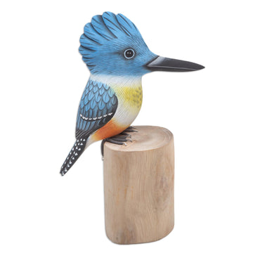 Teak & Suar Wood Bird Statuette Carved and Painted by Hand - Belted Kingfisher