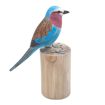 Hand-Carved and Hand-Painted Teak & Suar Wood Bird Statuette - The Eastern Bluebird