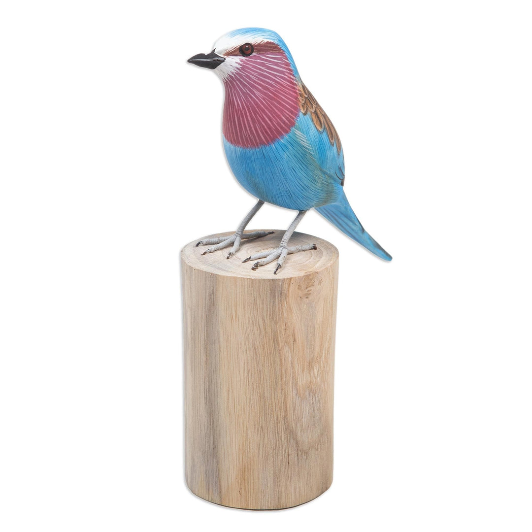 Hand-Carved and Hand-Painted Teak & Suar Wood Bird Statuette - The Eastern Bluebird