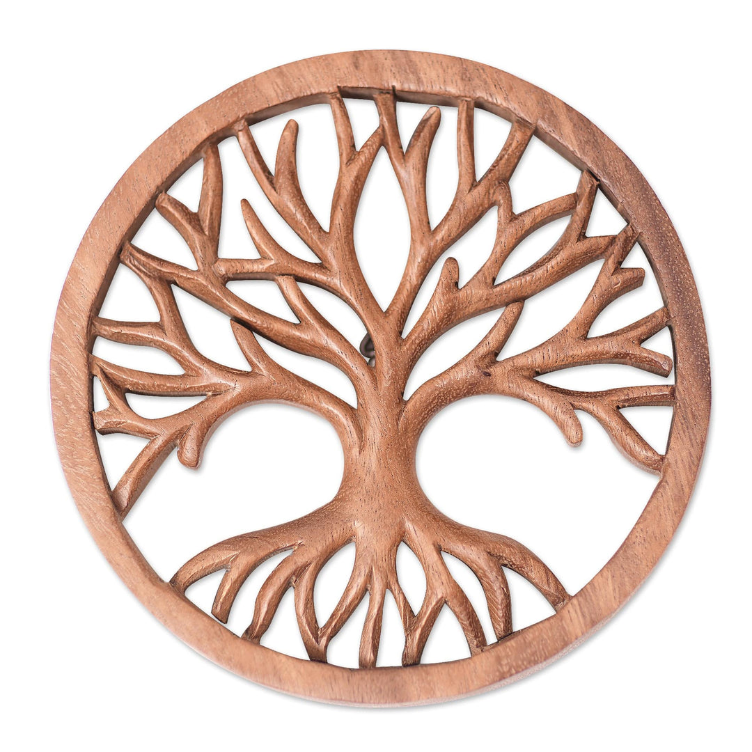 Polished Suar Wood Relief Panel of a Tree in Brown - Abundance Paths