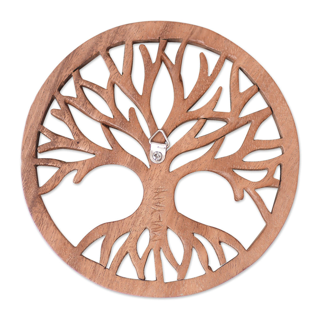 Polished Suar Wood Relief Panel of a Tree in Brown - Abundance Paths