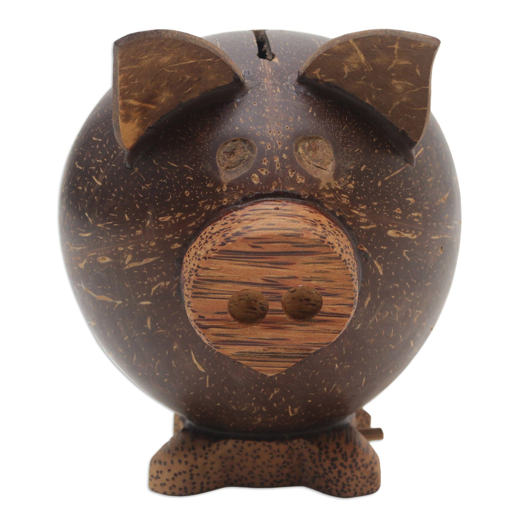 Handcrafted Brown Coconut Shell Pig Coin Bank - Prosperous Piggy