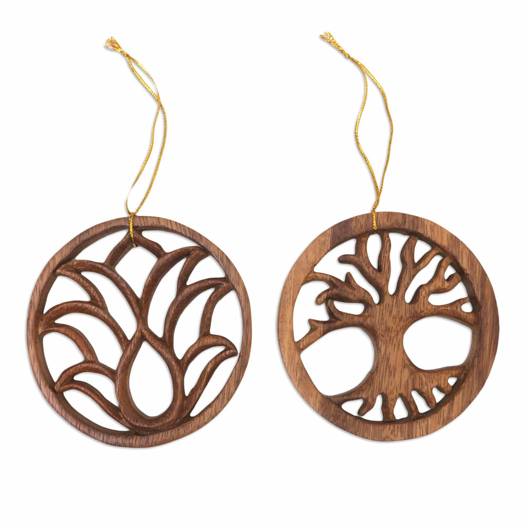 Pair of Hand-Carved Lotus Flower and Tree Wood Ornaments - Flower and Tree