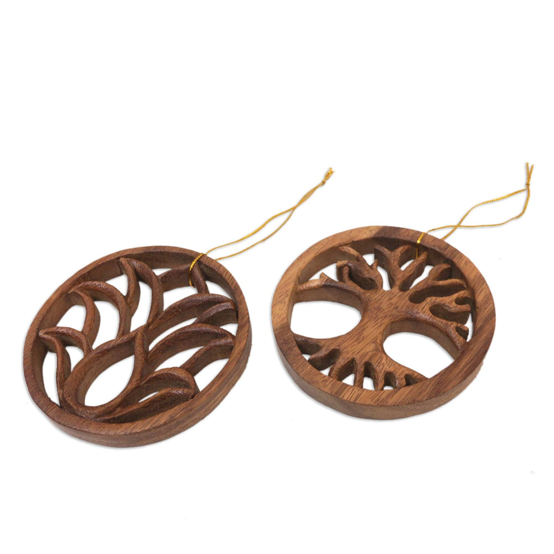 Pair of Hand-Carved Lotus Flower and Tree Wood Ornaments - Flower and Tree